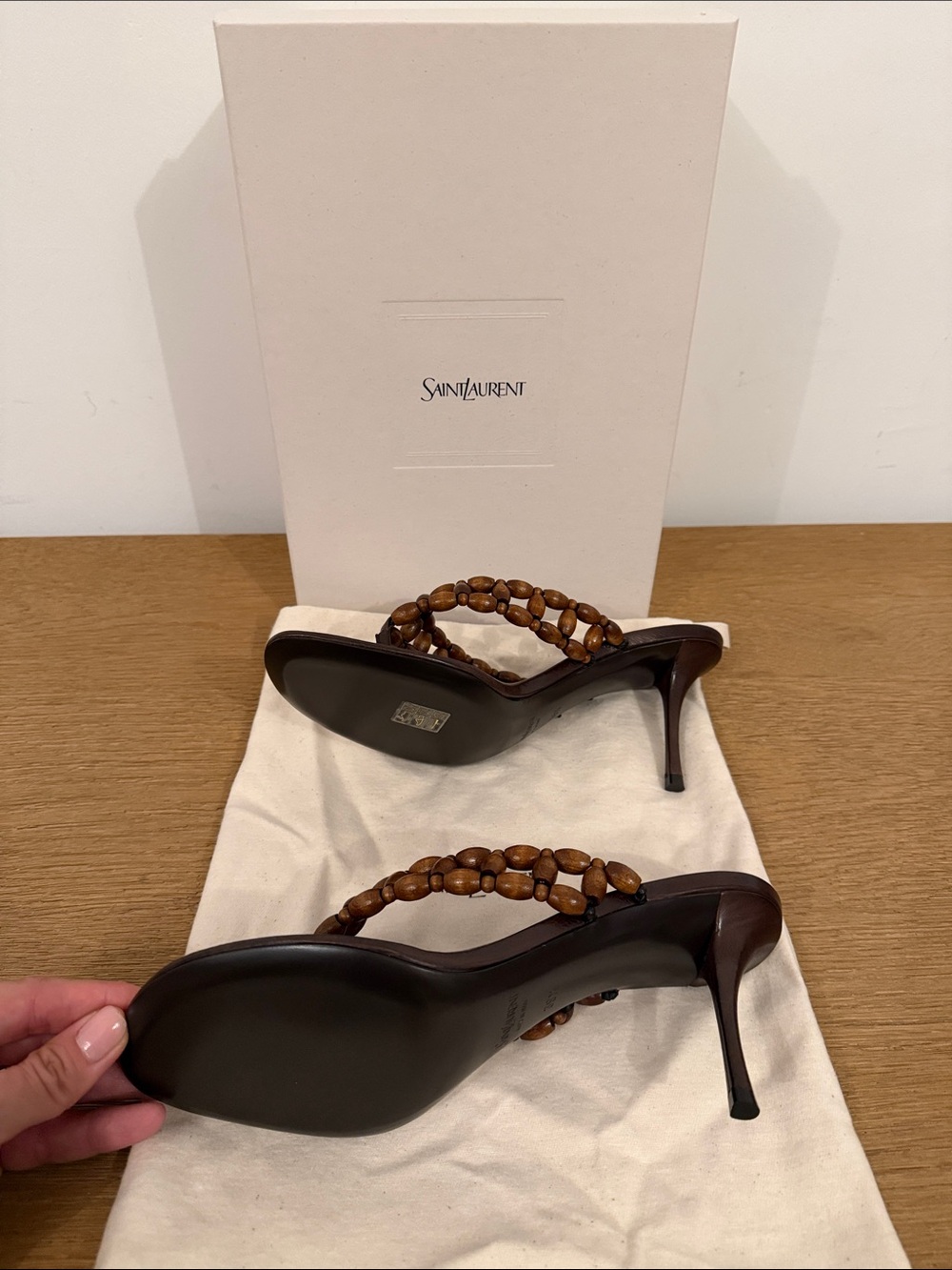 Saint Laurent Brown Beaded Leather Thong Sandals - Picture 3 of 4